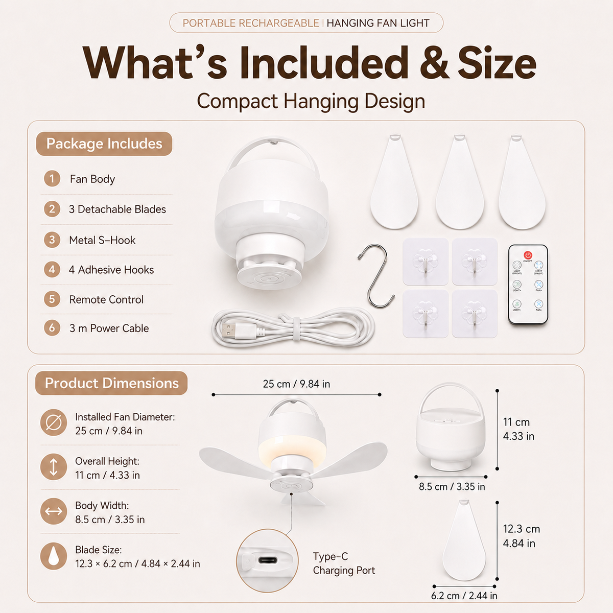 Portable Rechargeable Hanging Fan Light for Indoor & Outdoor Use